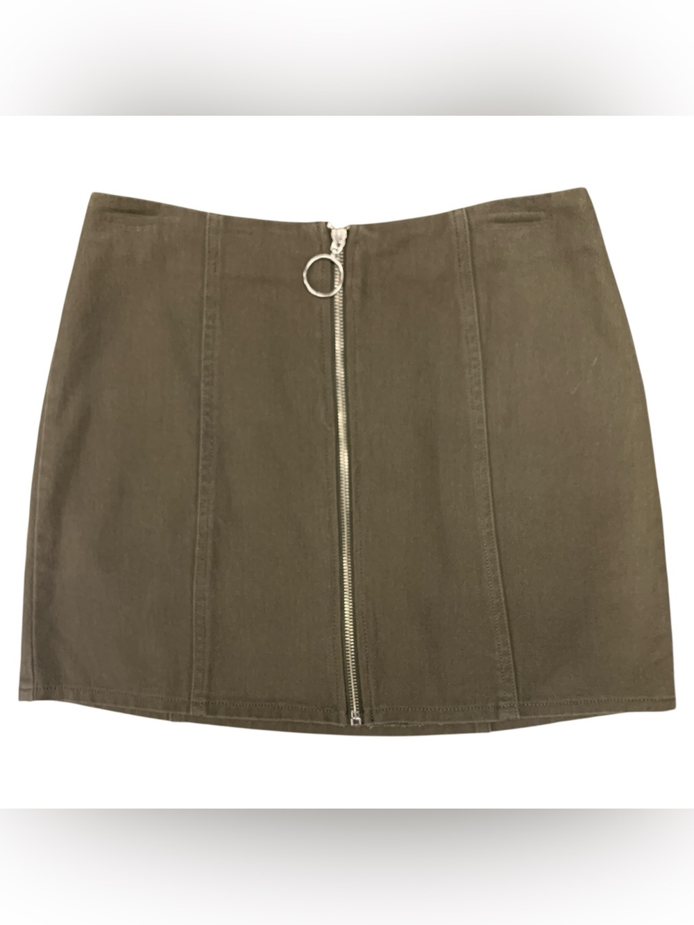 Chloe & Katie Olive Zip-Front Mini Skirt with Ring Pull Size M